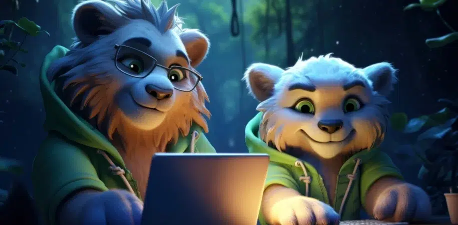 Two anthropomorphic animals, resembling lions, work together on a laptop in a dimly lit forest setting. Both are wearing green hoodies, one with glasses and the other smiling enthusiastically. The scene is illuminated by the laptop's glow, creating a cozy atmosphere as they explore why WordPress reigns supreme.