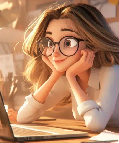 A young woman with glasses and long hair leans on her desk, smiling at a laptop screen. The background shows various papers and notes, perhaps ideas for disruptive branding, pinned to a board. The scene is well-lit and cozy, highlighting her engaged and happy expression.