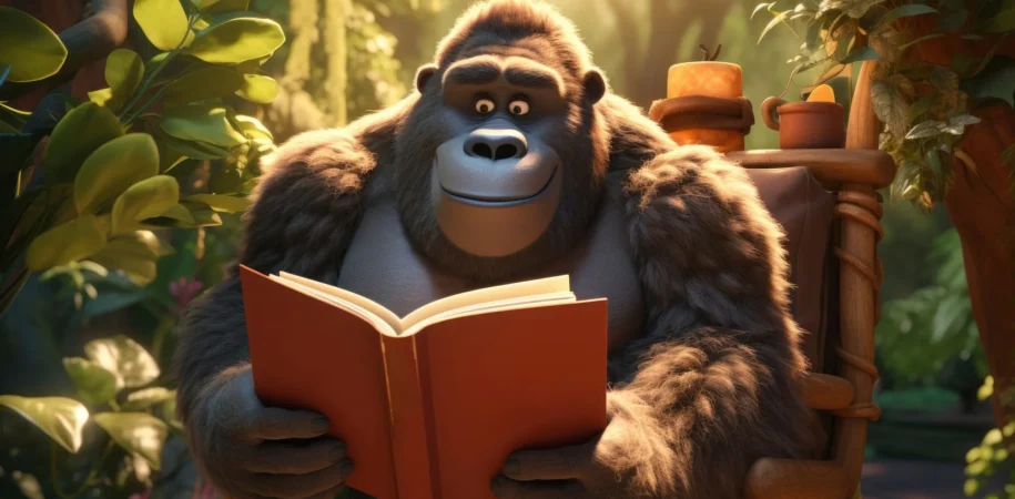 A friendly gorilla, with a gentle expression, sits in a lush jungle setting, absorbed in reading a book. Sunlight filters through the foliage, and the scene feels so inviting you almost expect to make contact with this serene moment.
