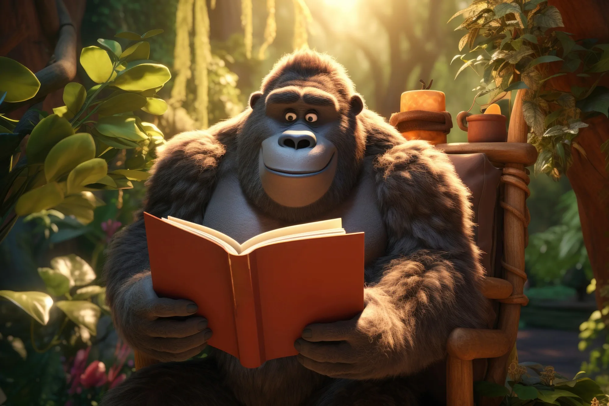 A friendly gorilla, with a gentle expression, sits in a lush jungle setting, absorbed in reading a book. Sunlight filters through the foliage, and the scene feels so inviting you almost expect to make contact with this serene moment.