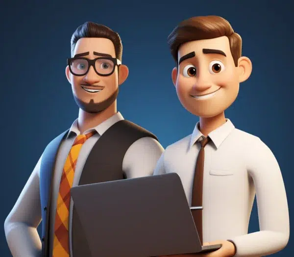 A 3D-animated image shows two smiling characters. One has glasses, a beard, and wears a vest over a shirt and tie. The other has short hair, wears a white shirt and tie, and holds an open laptop displaying a screen with "Access SEO - Basic." The background is a gradient of dark blue.