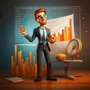 A cheerful animated character with glasses, dressed in a suit and tie, stands in a business setting. He's pointing at colorful charts and graphs on a board. Nearby, a clock, work notes, and a small orange suitcase rest on a table. The background is corporate-themed.