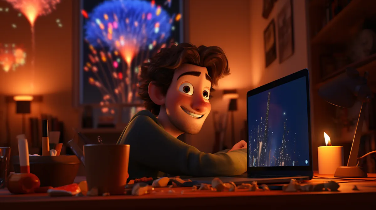 An animated content creator with brown hair and a green sweater smiles at a laptop screen, sitting at a cluttered desk filled with art supplies. Fireworks explode outside the window behind him, adding a festive atmosphere to the dimly lit room.