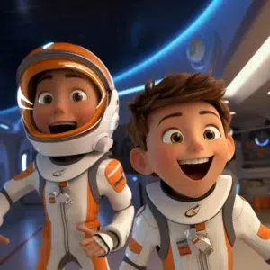Two animated children dressed in white and orange spacesuits are excitedly exploring a futuristic spaceship interior. One child wears a helmet while the other has it under their arm. The sleek design elements and ambient lighting of the background perfectly complement Core Web Vitals that ensure a smooth journey.