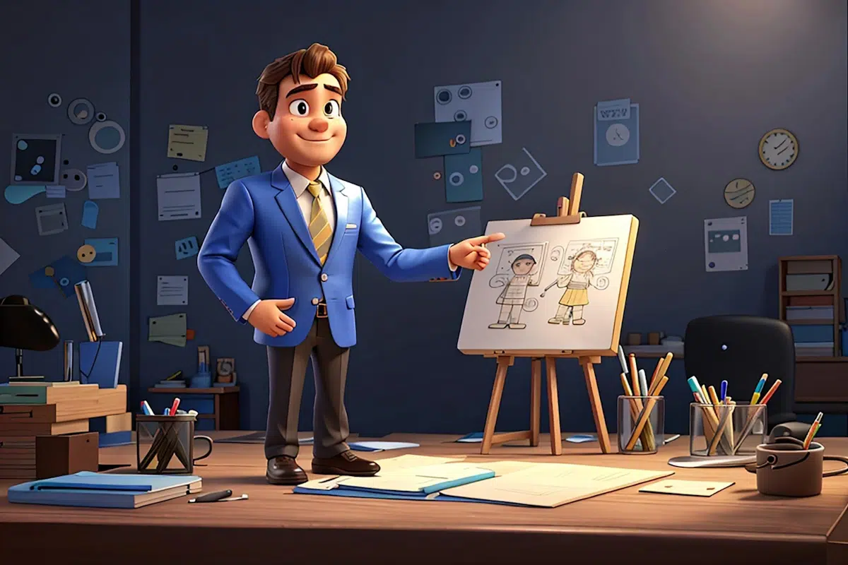 A male animated character in a blue suit stands confidently in front of a whiteboard on an easel, exuding the air of an experienced Project Manager. The whiteboard displays drawings of two children. In the background, a cluttered office reveals scattered papers, a clock, books, and office supplies.