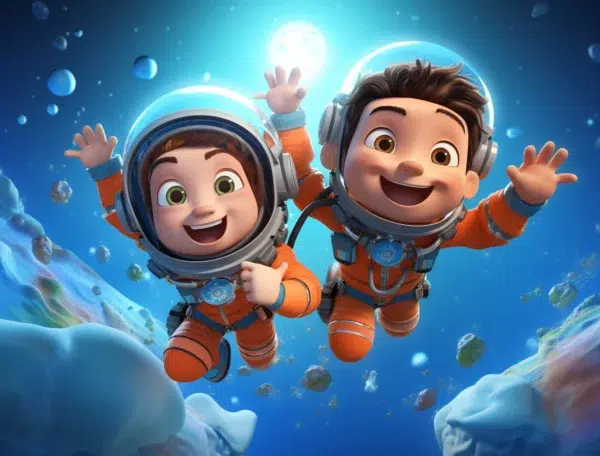 Two animated children in orange space suits smile and wave while floating in space among colorful planets and asteroids. They wear clear helmets, and the background is a vibrant blue with a glowing celestial body in the distance—creating an experience that embodies Core Web Vitals.