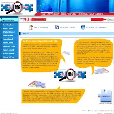 A screenshot of a website named "Find Me Now." The homepage features options like Home, Create Account, Login, Portfolio, and Contact Us. There are text bubbles detailing information about the site, links to various news channels on the left, and a "Contact Us" button at the bottom.