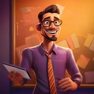 A cheerful cartoon man with glasses, a beard, and a stylish hairstyle is holding a tablet. He is wearing a purple shirt and an orange striped tie, standing in front of a bulletin board with various pinned papers and notes about Hybrid SEO - Global strategies. Warm light illuminates the scene.