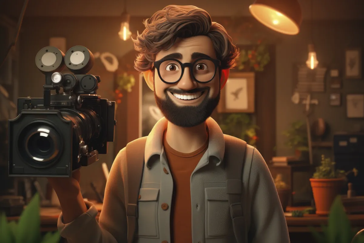 An animated character with curly hair and a beard, wearing glasses and a jacket, smiles while holding a professional camera. The background features a cozy, well-lit room with plants and frames on the wall, giving an artistic and creative atmosphere—a perfect space for any graphic designer.
