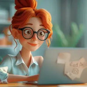A young woman with red hair in a bun and wearing glasses is smiling while working on a laptop at a desk. The background features a bright, modern room with plants and bookshelves. She seems focused and content, likely using Access SEO - Gold for her latest project.