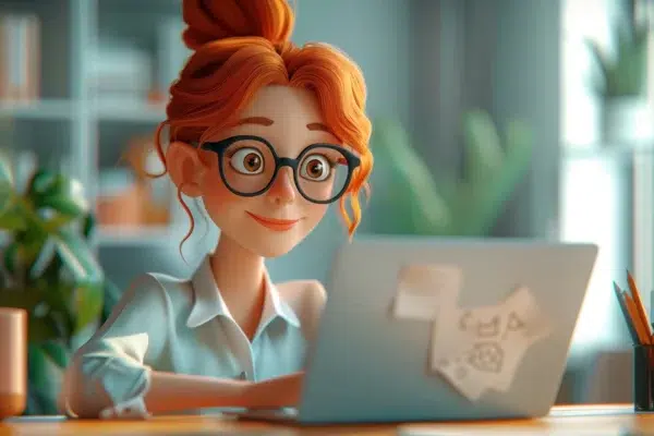 A young woman with red hair in a bun and wearing glasses is smiling while working on a laptop at a desk. The background features a bright, modern room with plants and bookshelves. She seems focused and content, likely using Access SEO - Gold for her latest project.