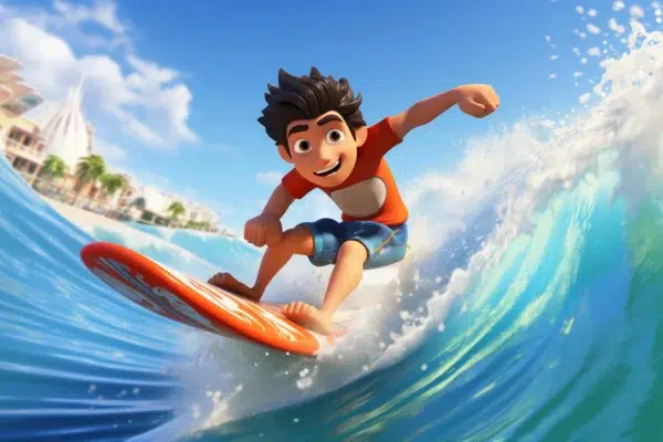 An animated character rides a wave on an orange surfboard. The character, wearing a red shirt and blue shorts, appears excited with a wide smile. In the background, a sunny beach scene with palm trees and buildings can be seen. This vibrant image sets the perfect mood for Hybrid SEO Onboarding against a clear blue sky.