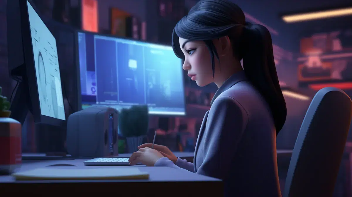 A woman with long dark hair tied in a ponytail sits at a desk, focused on a computer screen displaying technical drawings. Immersed in her work, she navigates the dimly lit room filled with multiple monitors, creating a modern, tech-driven atmosphere.