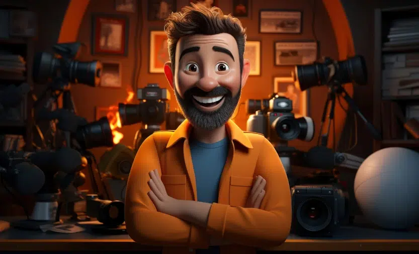 A cheerful animated character with a beard and mustache is smiling widely with crossed arms. He's wearing a casual shirt in a room filled with photography equipment and cameras, against a backdrop of framed pictures, giving a lively and creative atmosphere—perfect for crafting that perfect web design quote.