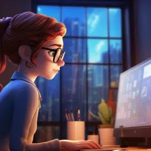 A young woman with glasses, wearing a blue shirt and her hair in a ponytail, sits at a desk working on a computer. The screen shows various icons and files related to Access SEO - Gold. The room has a large window overlooking a cityscape illuminated by the evening light.