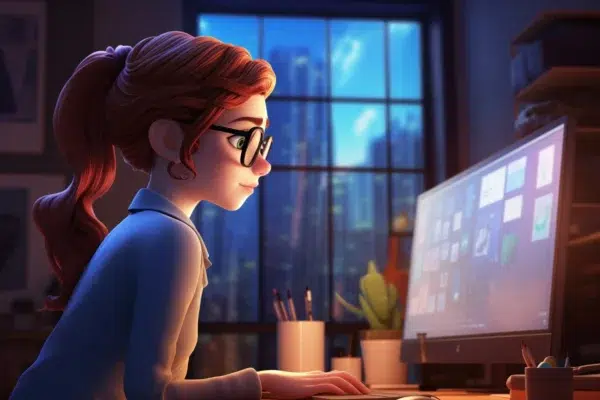 A young woman with glasses, wearing a blue shirt and her hair in a ponytail, sits at a desk working on a computer. The screen shows various icons and files related to Access SEO - Gold. The room has a large window overlooking a cityscape illuminated by the evening light.