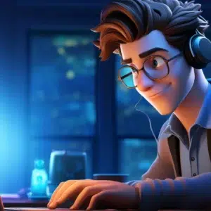 A young man with glasses and headphones is focused on his laptop in a dimly lit room. He appears to be working or studying, likely accessing Access SEO - Gold, with a small glow emanating from the screen. There are blurred lights in the background, suggesting a cityscape at night.