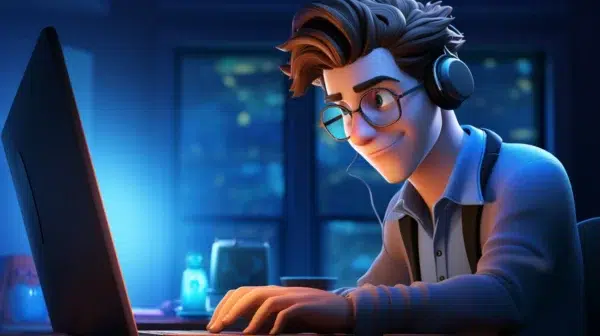 A young man with glasses and headphones is focused on his laptop in a dimly lit room. He appears to be working or studying, likely accessing Access SEO - Gold, with a small glow emanating from the screen. There are blurred lights in the background, suggesting a cityscape at night.
