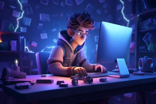 A person with glasses works on a desktop computer in a dimly lit room filled with floating books and papers. The scene, bathed in a blue and purple glow, creates a futuristic and magical atmosphere. With Access SEO - Gold tools open on the screen, the individual looks focused and concentrated.