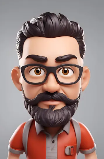 3D illustration of a cartoon man with black hair, a full beard and mustache, wearing black rectangular glasses, a red shirt with a gray collar, and a white undershirt. The character has a thoughtful expression and is set against a gray background, much like an expert pondering Hybrid SEO strategies.