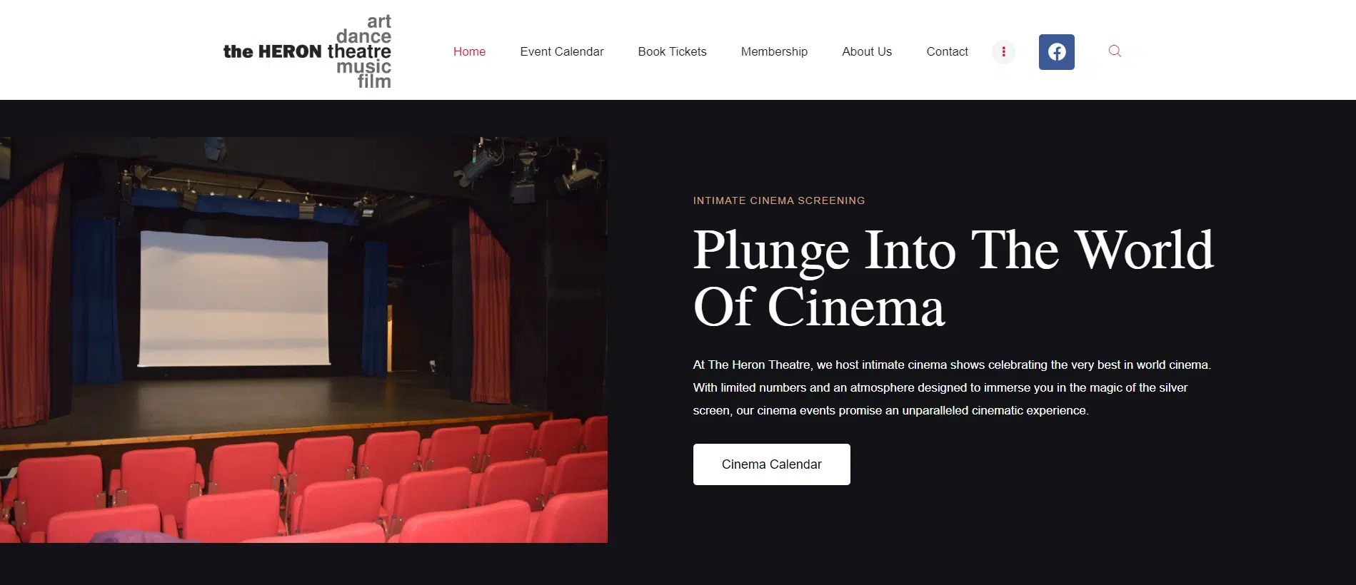 A theater stage with a large projection screen and red upholstered chairs arranged in rows. Adjacent text promotes intimate cinema screenings at The Heron Theatre, inviting guests to 'Plunge Into The World Of Cinema' with links to the cinema calendar.