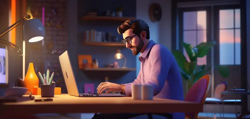 A person with glasses and a beard wearing a lavender shirt is sitting at a desk in a cozy, well-lit room, typing on a laptop, likely working on WordPress web design. The desk has a lamp, a potted plant, and other office supplies. Shelves and a large window are visible in the background.