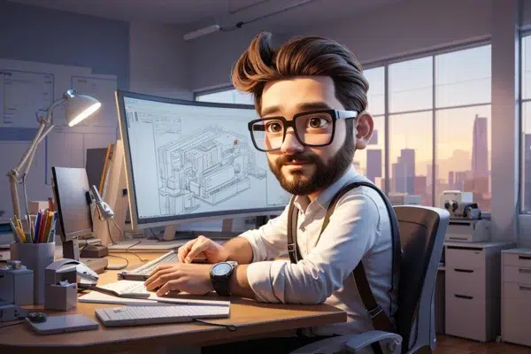 A cartoon man with large glasses and neatly styled hair works at a computer in a modern office. Seated at a desk covered with papers and tech gadgets, he focuses on a technical drawing displayed on a large monitor. The sunset city skyline outside the window reflects the innovation behind Our Services.