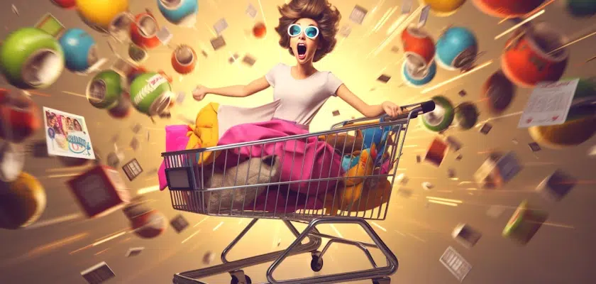 A woman in a white top and pink skirt, wearing sunglasses, sits excitedly in a shopping cart. Amidst the fun ride with colorful shopping items floating around her against a dynamic background, she embodies the vibrant creativity of WordPress Web Design.