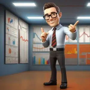 A smiling cartoon businessman with glasses and a striped tie stands confidently in a room with data charts and graphs displayed on the walls behind him. He is pointing towards the charts with both hands, emphasizing his work presentation.