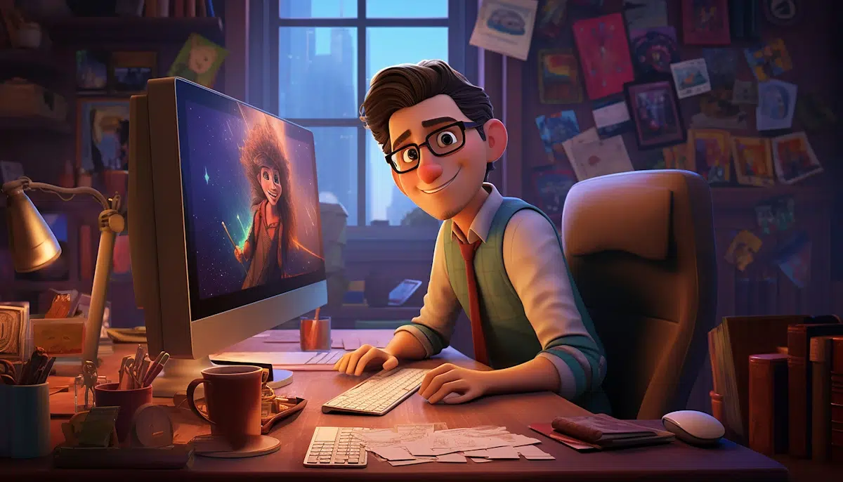 A young man with glasses and a vest is sitting at a cluttered desk, looking at the camera and smiling. As he navigates through his computer, which displays an animated character holding a light, you can tell he's deep into his web designer job. The room is filled with various decorations and posters, creating a cozy atmosphere.