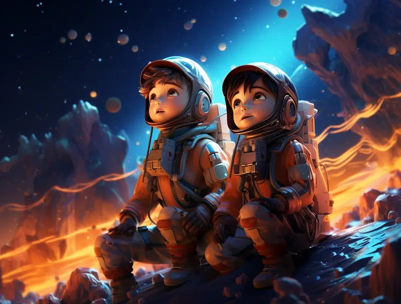 Two astronauts in suits sit on a rocky terrain under a starry night sky, gazing upwards in wonder. Bright, glowing cosmic trails and distant planets illuminate the scene like data points in Google Looker Studio, evoking a sense of exploration and adventure.