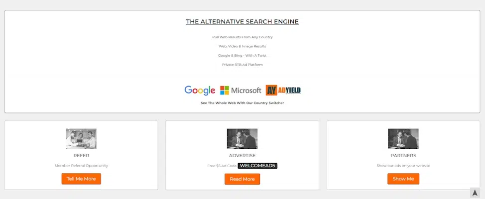 A webpage displays search alternative options and partners. There are sections for referring friends, advertising, and partnering with the service. Logos of Google, Microsoft, and Adyield appear prominently in the middle. Buttons offer more information on each topic.