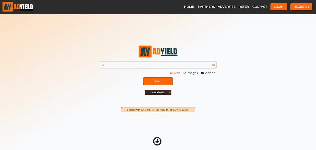 Search engine homepage with a black top menu featuring "Home," "Partners," "Advertise with Adyield," "Referral," "Login," and "Register." Center has a search bar with options for web, images, and videos, and buttons labeled "Search," "Worldwide," and "Search Without Borders.