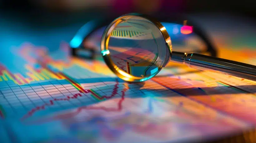 A magnifying glass and eyeglasses are placed on top of a colorful financial chart with line graphs and bar charts. The magnifying glass highlights a specific section of the chart, emphasizing the analytical nature essential for effective backlink monitoring.