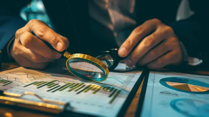 A person in a suit holds a magnifying glass over a document. The document contains bar charts and graphs, possibly from recent website audits. Other papers with charts and graphs are visible on the desk. The scene suggests an analysis or review of data.