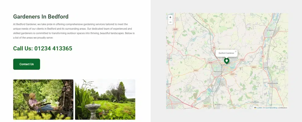 Screenshot of a website with a heading "Gardeners In Bedford". On the left, there's a description of gardening services and a "Call Us" number with a green contact button. On the right, there's a map showing the Bedford Gardener location marked in Bedford.