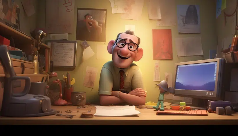 A smiling, animated character with glasses and a green shirt sits at a cluttered desk with crossed arms. Behind him are various papers and drawings showcasing bespoke designs on the wall. The desk has a computer, various stationary items, and a small toy figure in front of him.