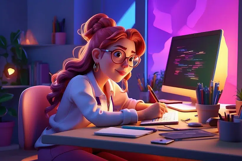 A smiling woman with glasses and long hair tied back works at a desk filled with stationery, a tablet, and a computer displaying code. The room, customized with bespoke design elements, is illuminated by colorful lights that create a vibrant, cozy atmosphere.
