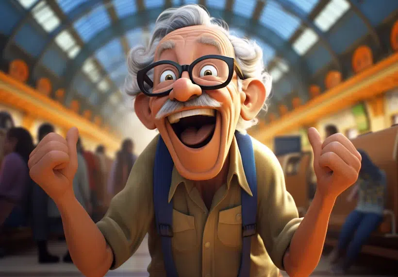 A cheerful elderly man with glasses and white hair grins widely while giving two thumbs up. He is indoors, surrounded by a crowd of people, with a high, arched ceiling visible in the background, suggesting a bustling public place like a train station or marketplace known for its bespoke design.