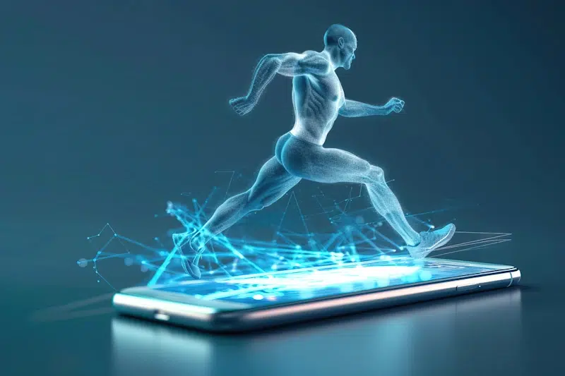 A holographic figure of a runner emerges from a smartphone screen, accompanied by glowing digital lines and nodes. The background is dark blue, emphasizing the futuristic and technological theme, akin to the rapid pace of website speed in the digital era.