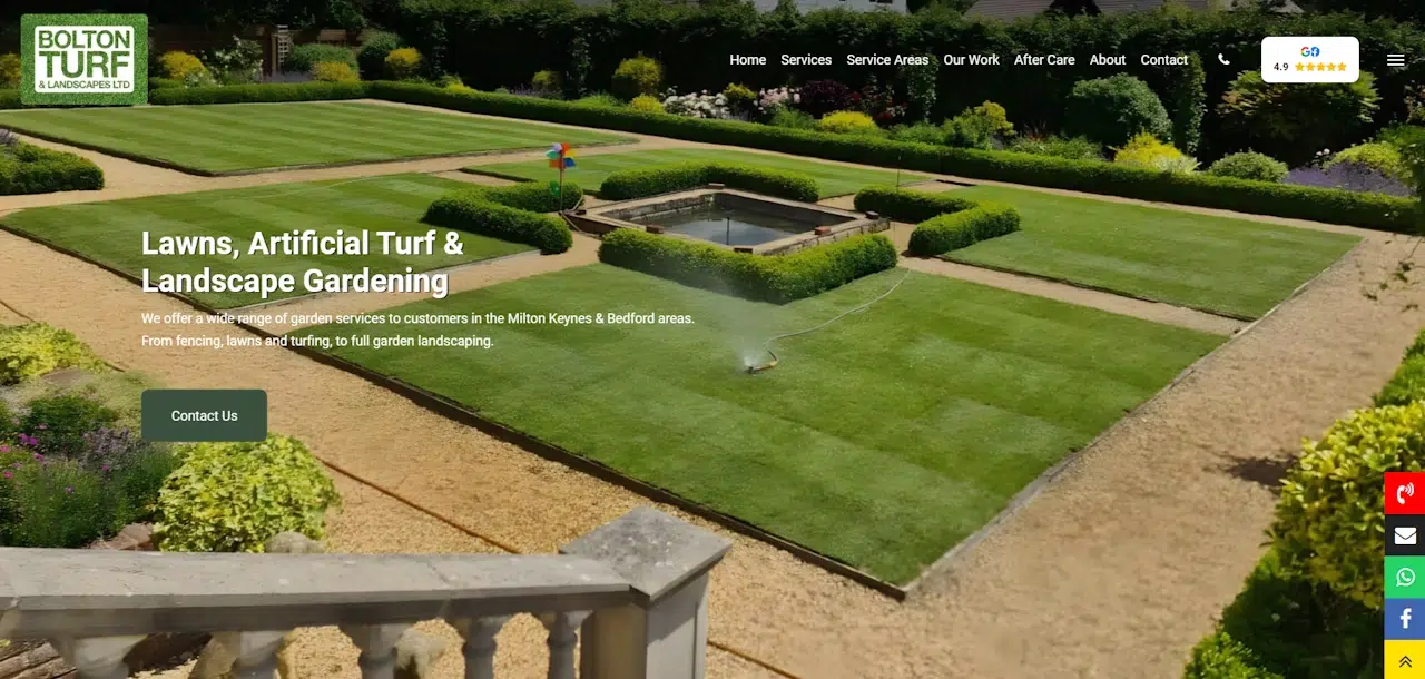 An image of a professionally landscaped garden featuring well-manicured lawns, a central water fountain, and a variety of hedges and flowerbeds. The image is part of the Bolton Turf website, showcasing their lawn, artificial turf, and landscape gardening services.