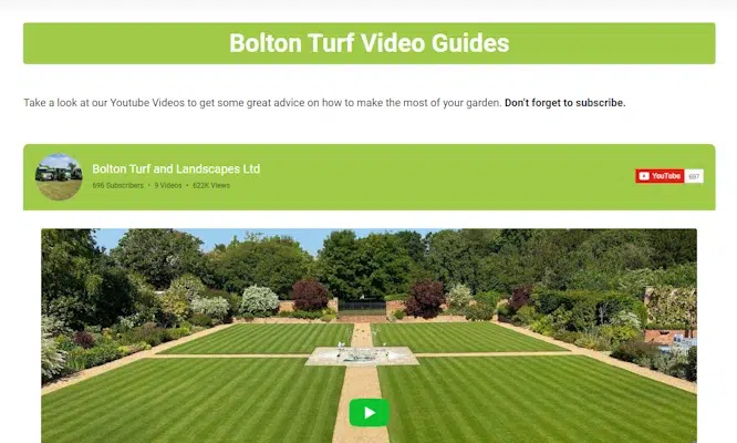 A webpage titled "Bolton Turf Video Guides" with a YouTube video player embedded. The page encourages subscribing and showcases Bolton Turf's lush, well-maintained garden with neatly cut lawns, a central water feature, and various plants and trees in the background.