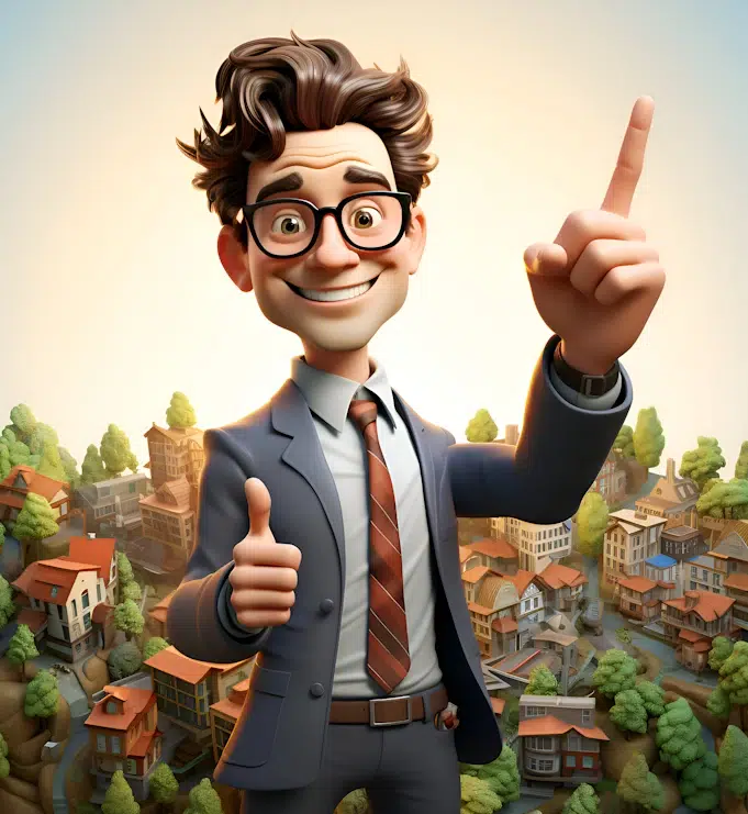 A cheerful animated character wearing glasses and a suit gives a thumbs-up and points upward with his other hand. He stands against the charming, sunny village background, featuring various houses and trees. With an enthusiastic and confident expression, he seems to say, "Discover Envy Websites!