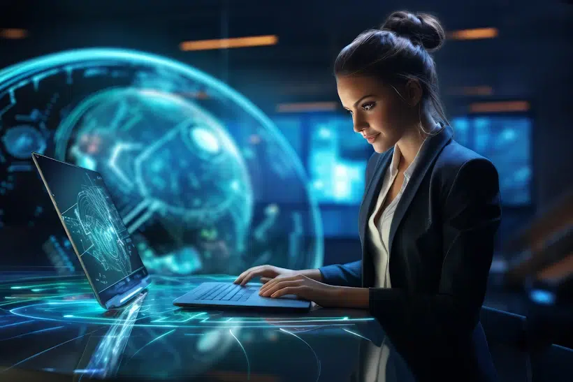 A woman in a business suit works on a high-tech laptop with holographic interfaces around her, diligently performing backlink monitoring. A large, glowing blue holographic globe in the background suggests a futuristic or advanced technological environment.