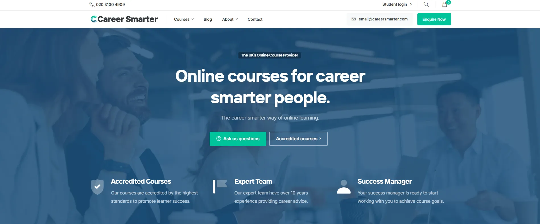 A website homepage for "Career Smarter" advertises online courses. The tagline reads "Online courses for career smarter people." The site highlights "Accredited Courses," an "Expert Team," and a "Success Manager." The top bar features contact information and login options. Choose Career Smarter today!