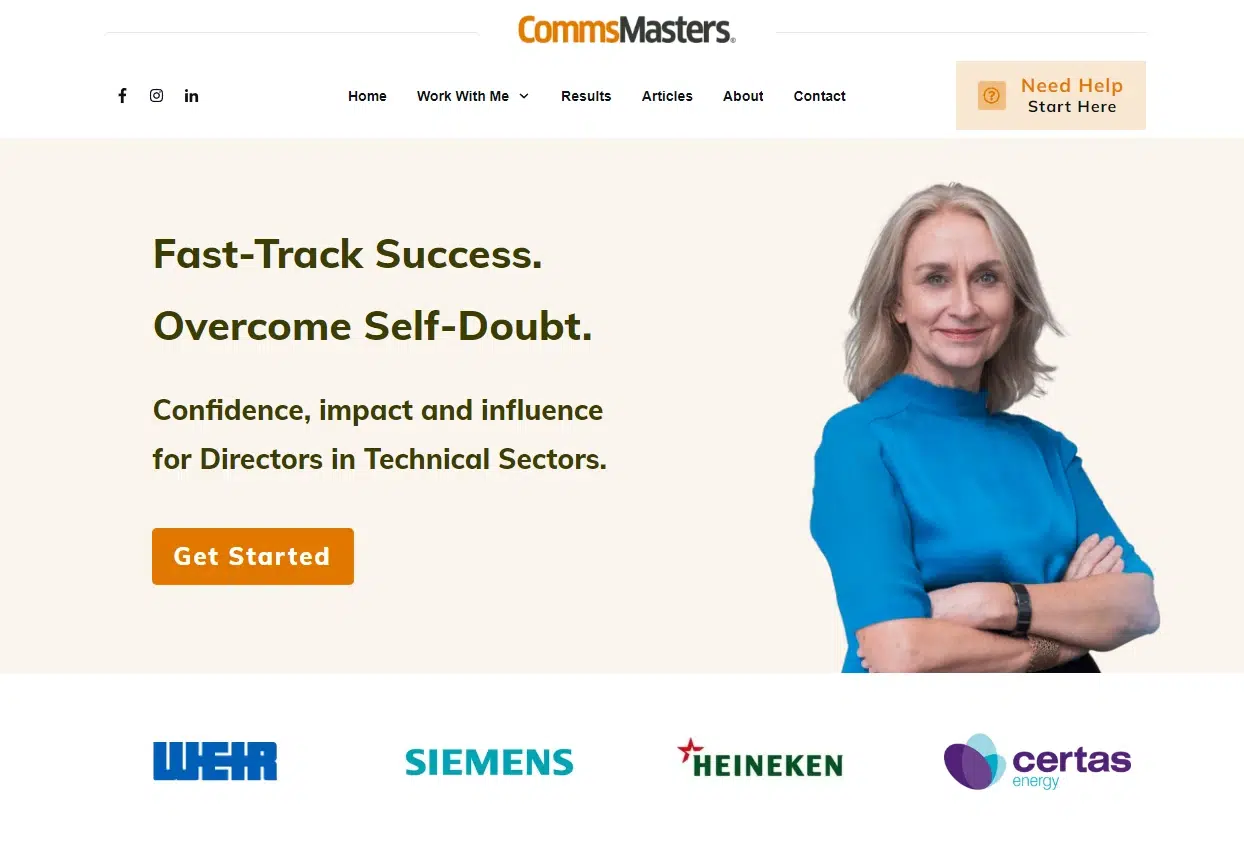 A screenshot of the CommsMasters website reveals a smiling woman standing with her arms crossed on the right side. The banner text reads, "Fast-Track Success. Overcome Self-Doubt." Various company logos, including WEIR, SIEMENS, HEINEKEN, and certas, are displayed at the bottom.