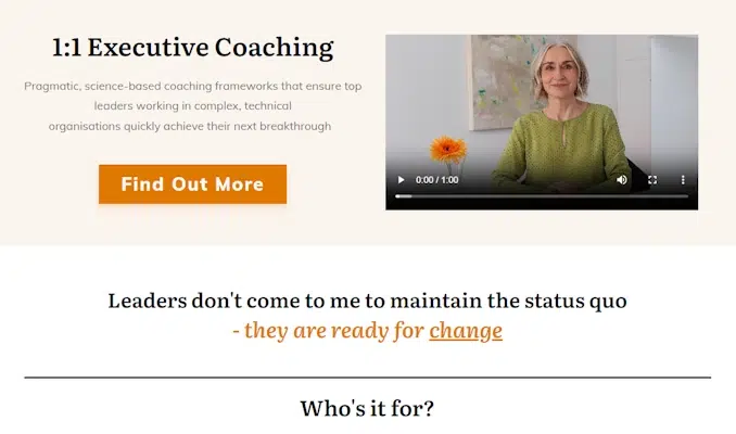 An advertisement for 1:1 Executive Coaching by Commsmasters. A woman smiles in a video thumbnail on the right side. Text promotes pragmatic, science-based coaching for leaders in complex organizations. A "Find Out More" button is below. Quote: "Leaders don't come to me to maintain the status quo - they are ready for change".