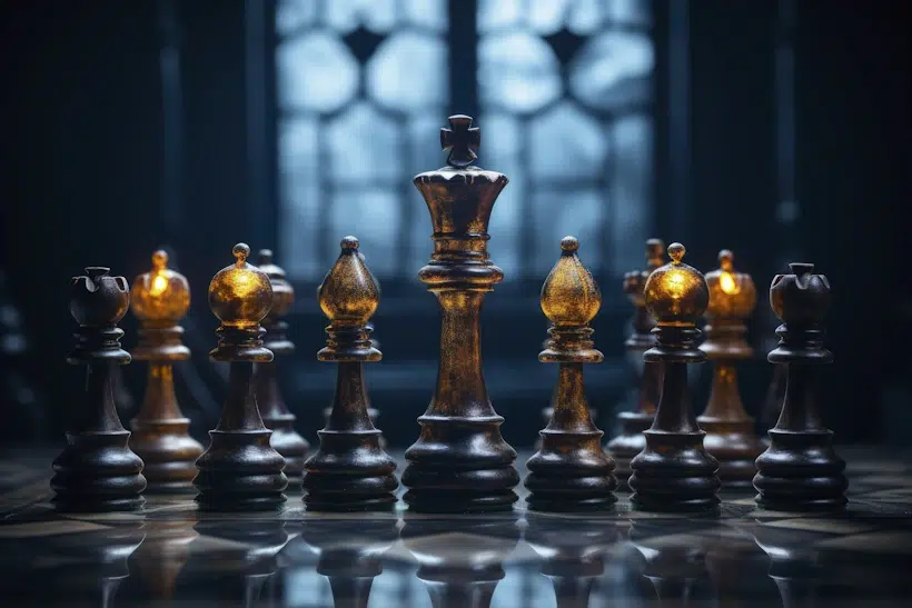 A wooden chess king is prominently displayed surrounded by other chess pieces on a chessboard. The background is dimly lit with a large window casting light, creating a dramatic, mysterious atmosphere reminiscent of intense competitor monitoring. The pieces are intricately carved and polished.