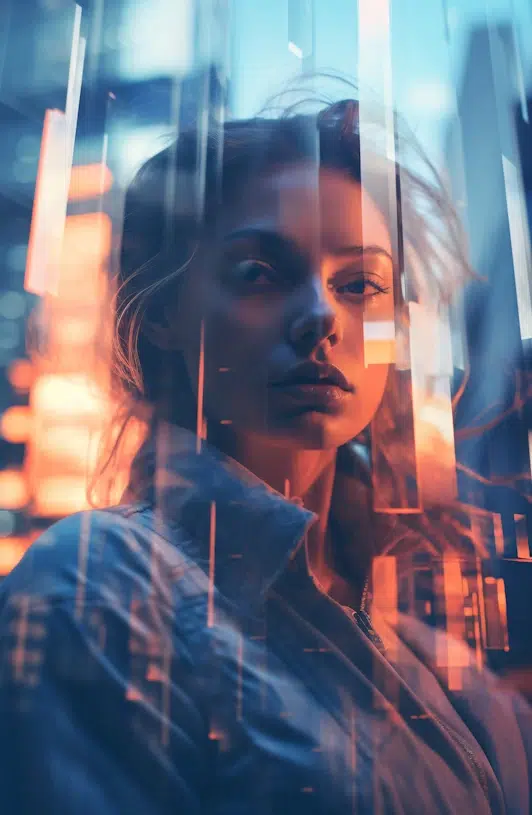 A woman with flowing hair stands in a cityscape at dusk. Abstract vertical light streaks in orange and blue hues surround her, giving a futuristic and ethereal feel to the image. The background features blurred high-rise buildings and glowing lights, reminiscent of a scene from an FAQ on urban wonderlands.