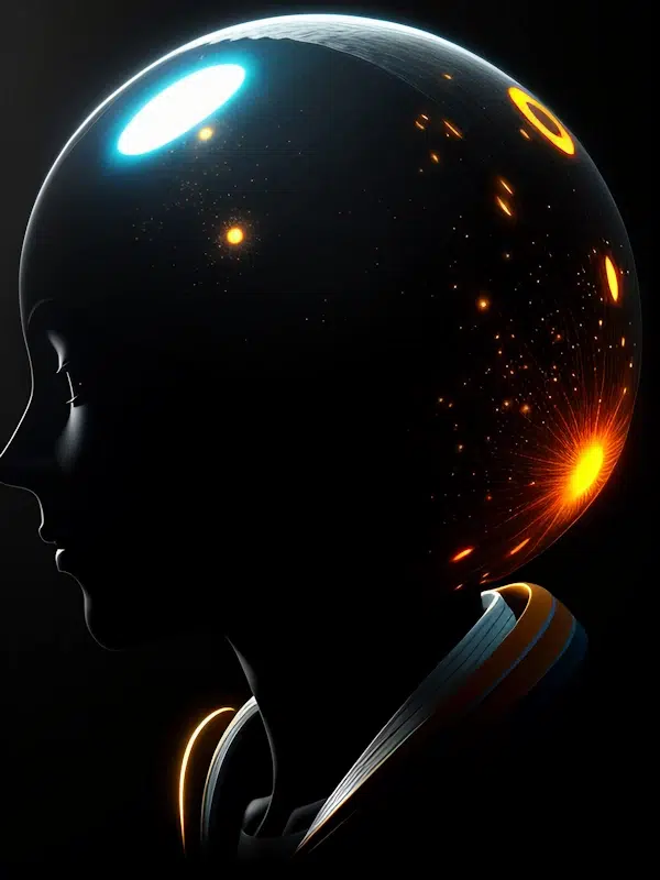 A futuristic, silhouetted profile of a human figure with a transparent spherical head filled with glowing blue and orange orbs and light patterns, akin to the dynamic nature of Core Web Vitals. The dark background emphasizes the glowing elements representing space and technology.